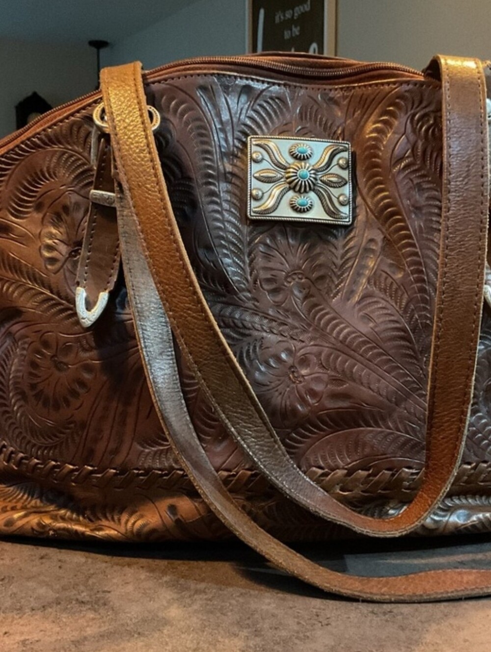 American West tooled leather conceal carry purse with matching wallet - Picture 2 of 8